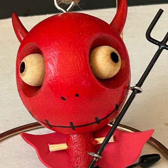 Pier 1 Imports Halloween 3.25" Wooden Red Devil Pitchfork Ornament Crazy Heads - Picture 3 of 4
